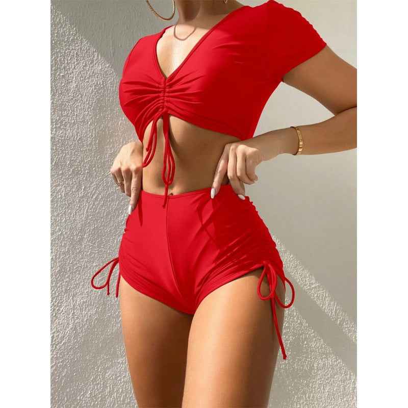 Swimsuit Women's Solid Color Sexy Short Sleeve Swimwear - Fashions Envy