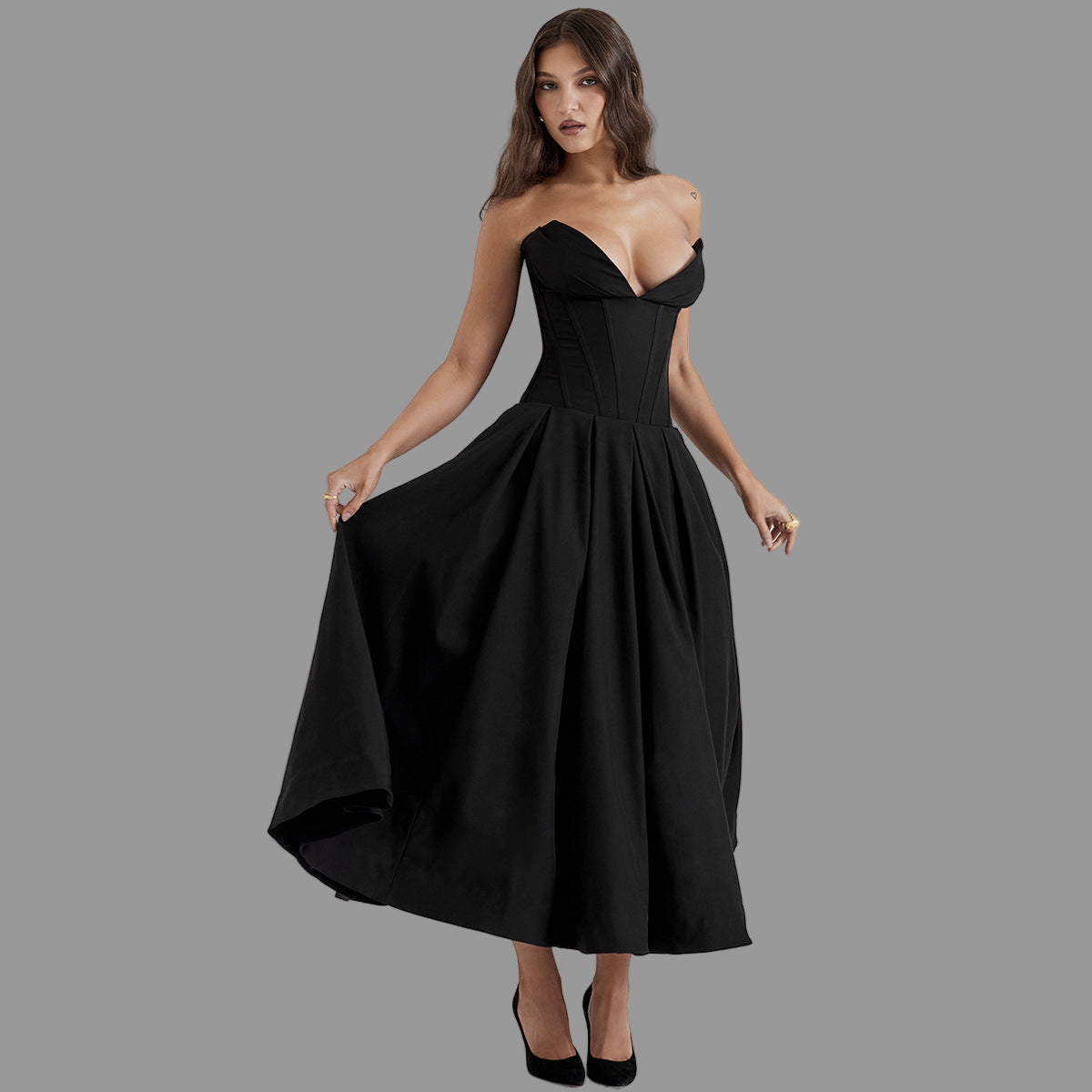 Strapless Midi Dress - Backless Tie Waist Style
