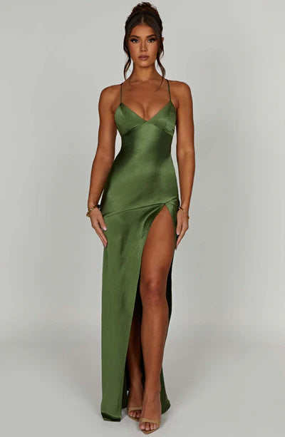 Backless Slit Maxi Dress - Satin Halter Neck Style