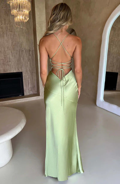 Backless Slit Maxi Dress - Satin Halter Neck Style