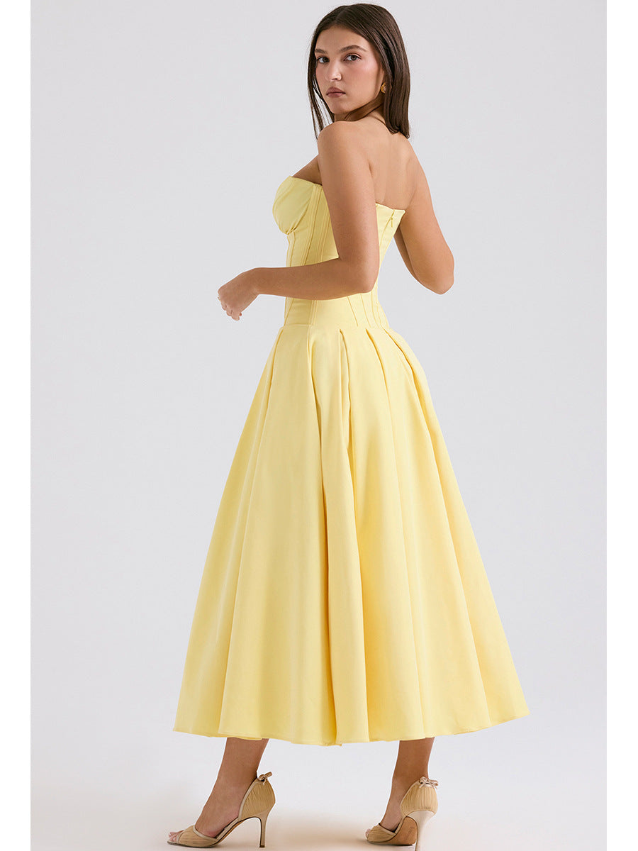 Strapless Midi Dress - Backless Tie Waist Style