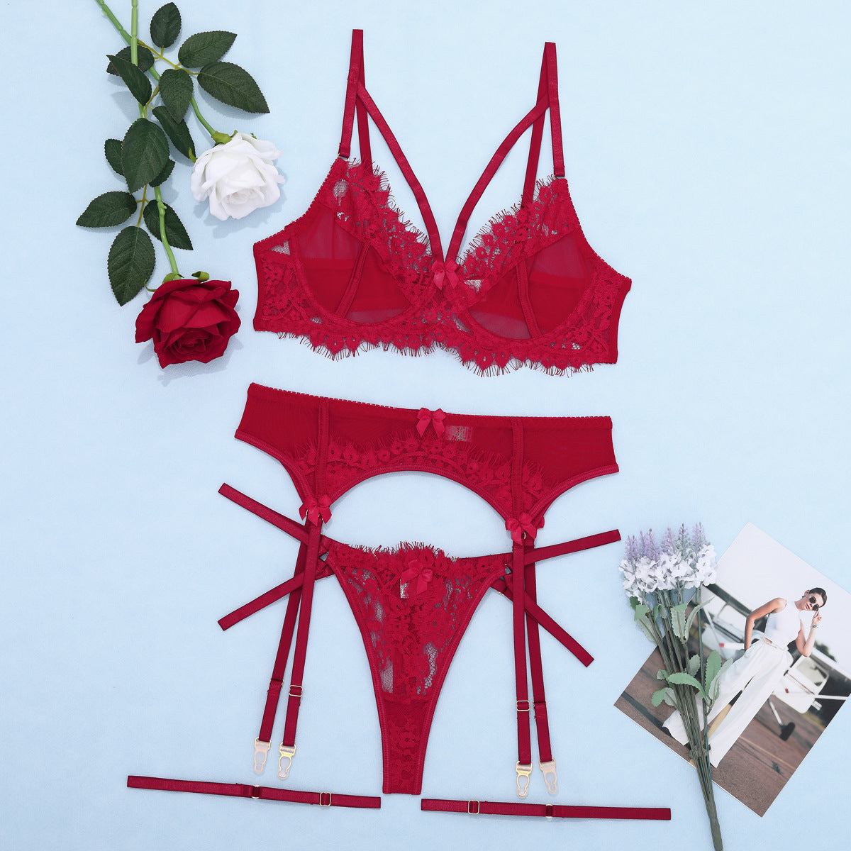 Eyelash Garter Set - 3 Piece Sheer Lingerie