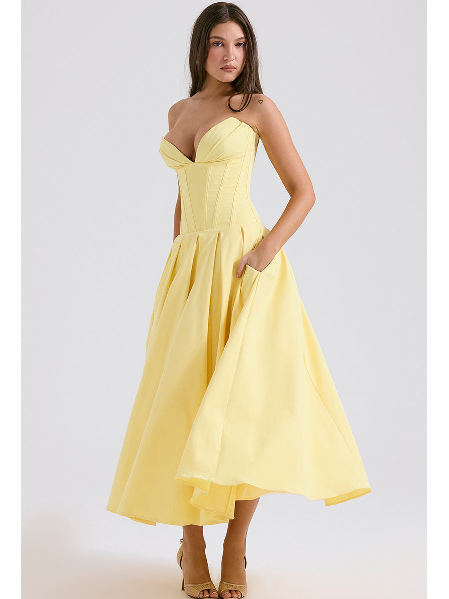 Strapless Midi Dress - Backless Tie Waist Style