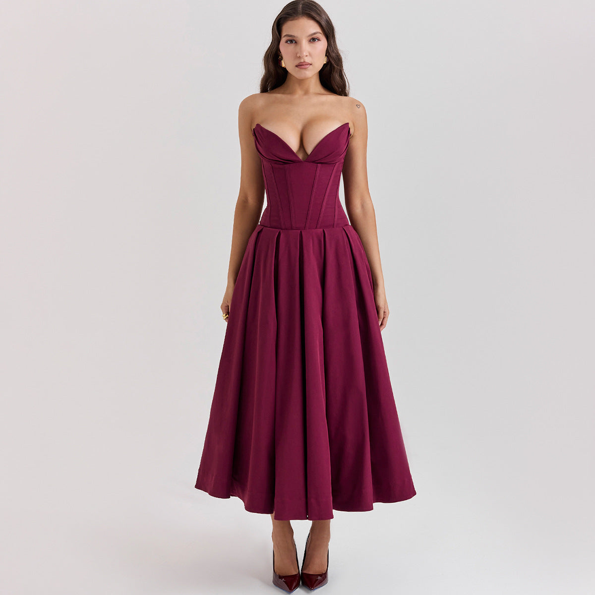 Strapless Midi Dress - Backless Tie Waist Style