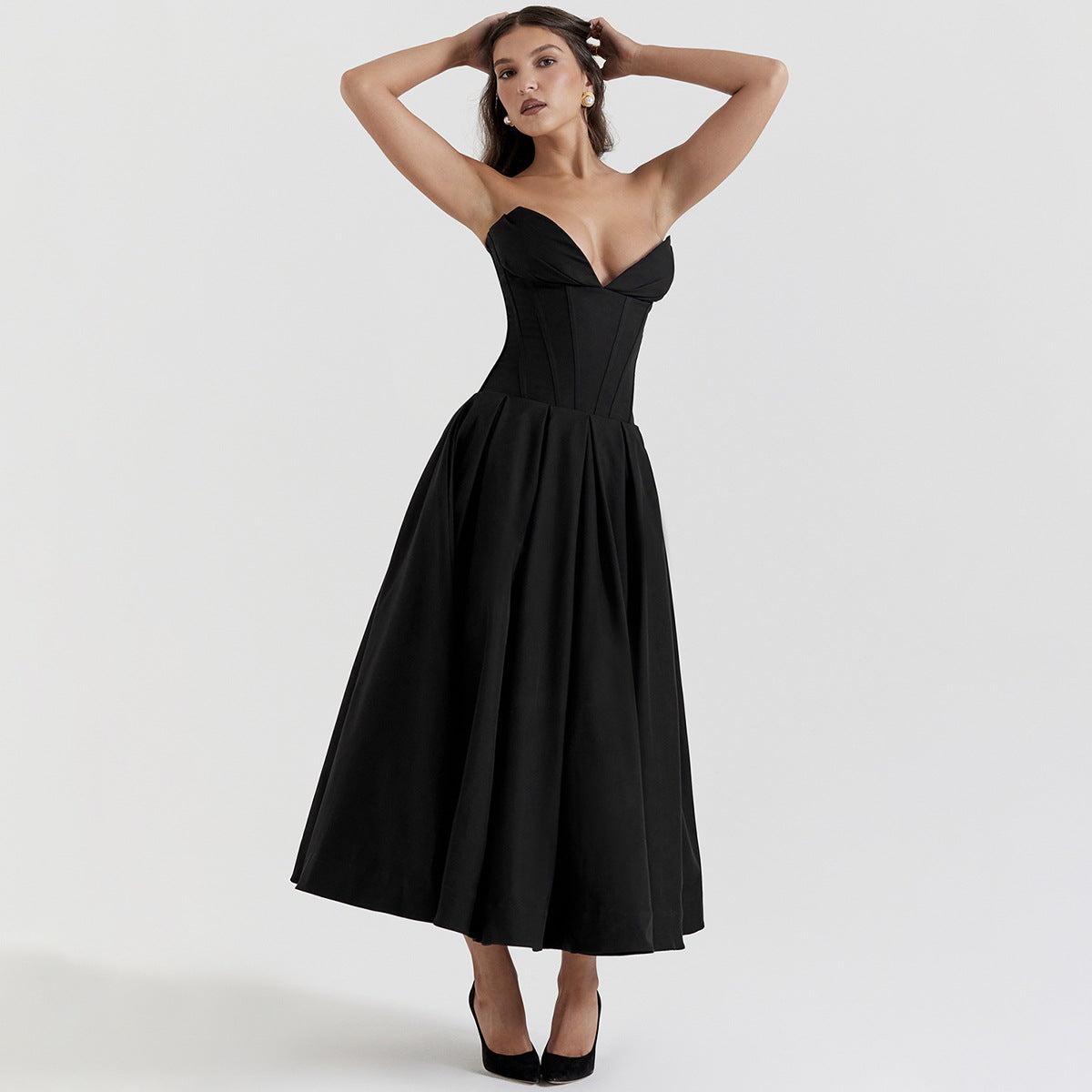 Strapless Midi Dress - Backless Tie Waist Style