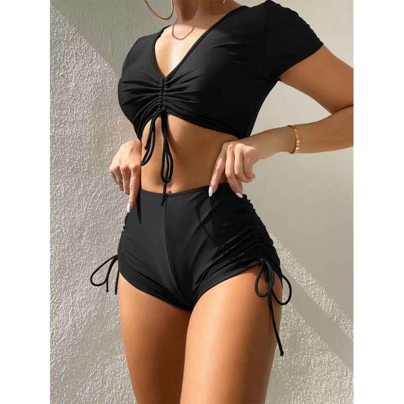 Swimsuit Women's Solid Color Sexy Short Sleeve Swimwear - Fashions Envy