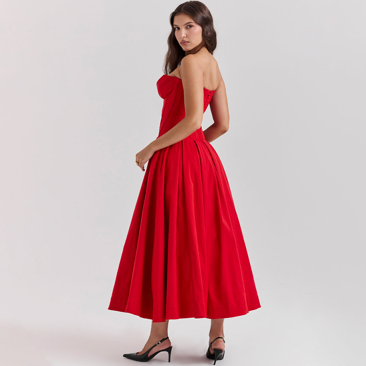 Strapless Midi Dress - Backless Tie Waist Style