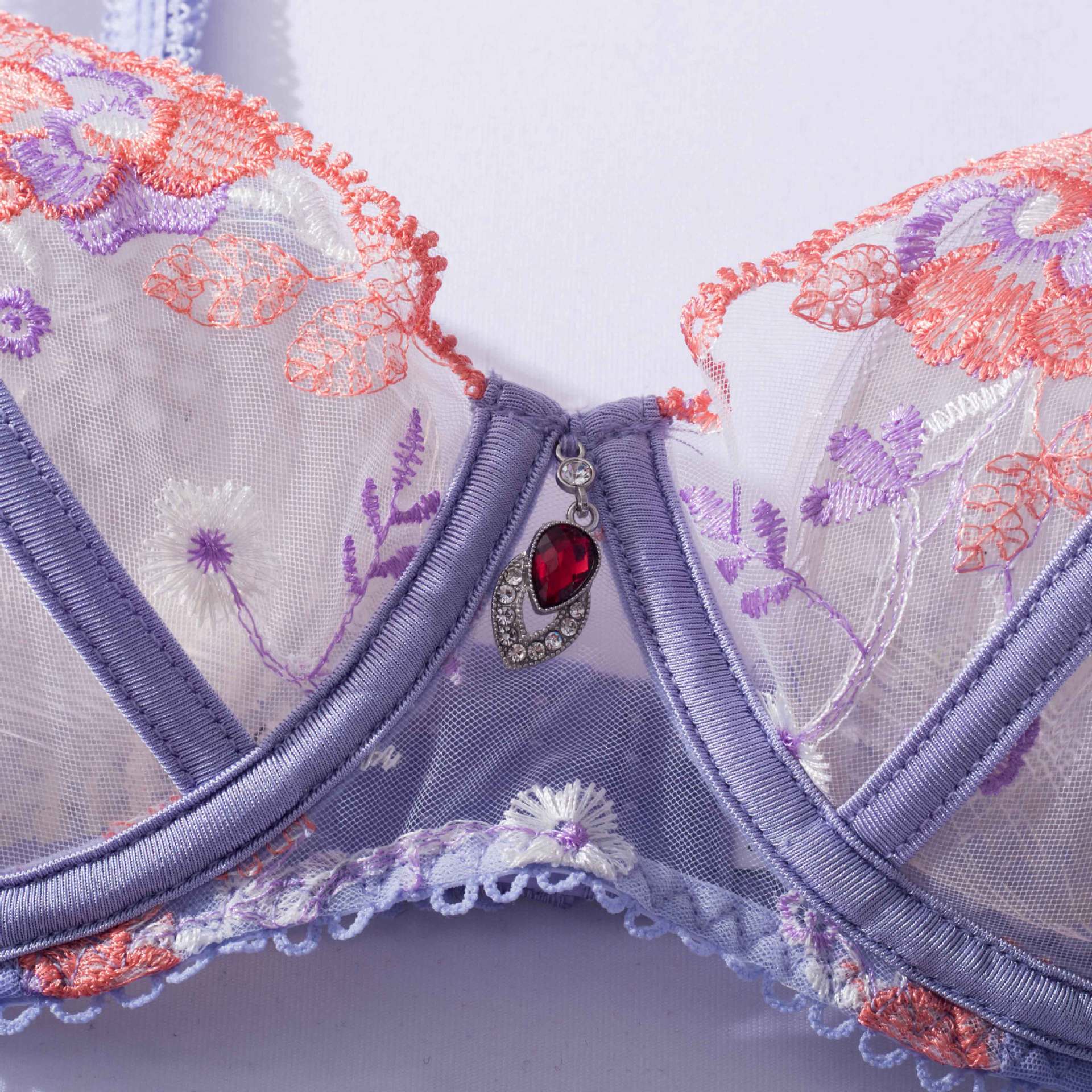 Embroidered Bra Lingerie Set - Elegant Purple