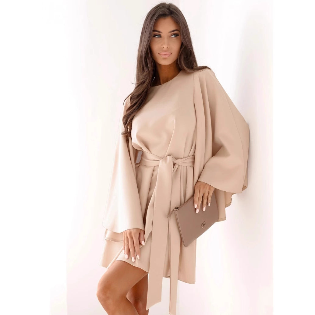Autumn Mini Dress - Flared Sleeve Lace-Up Round Neck