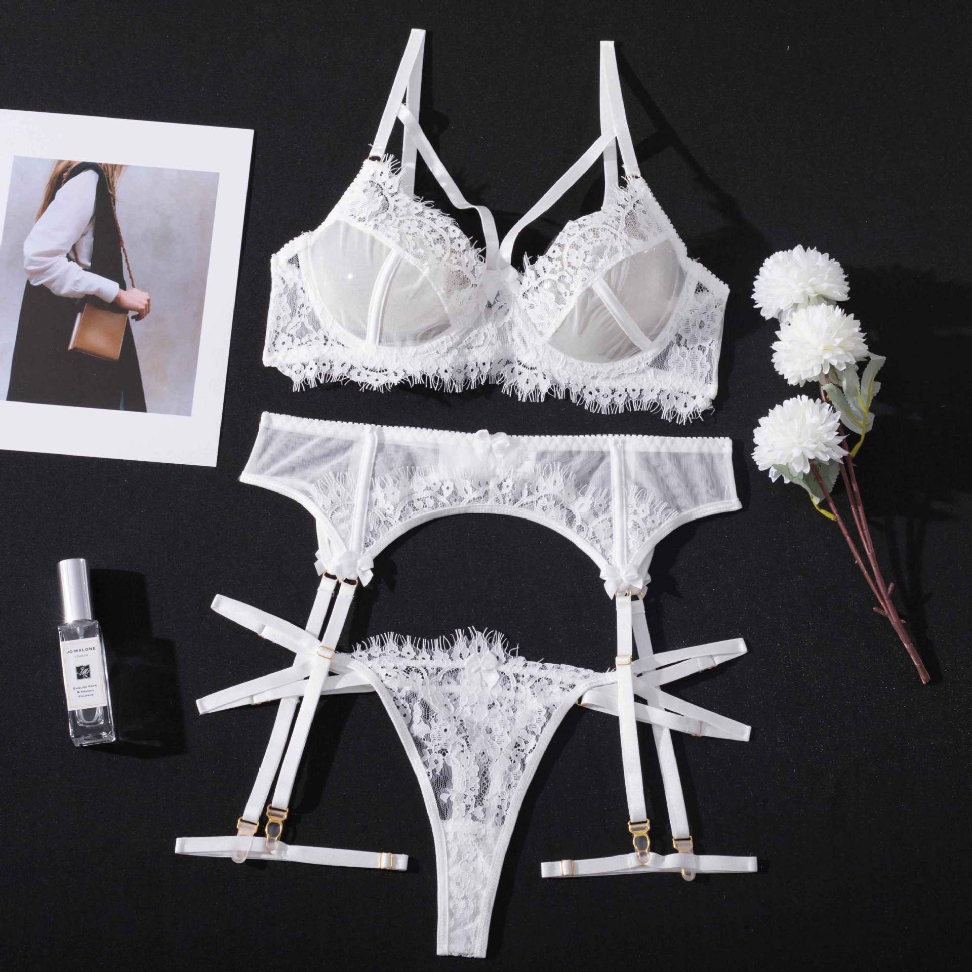 Eyelash Garter Set - 3 Piece Sheer Lingerie
