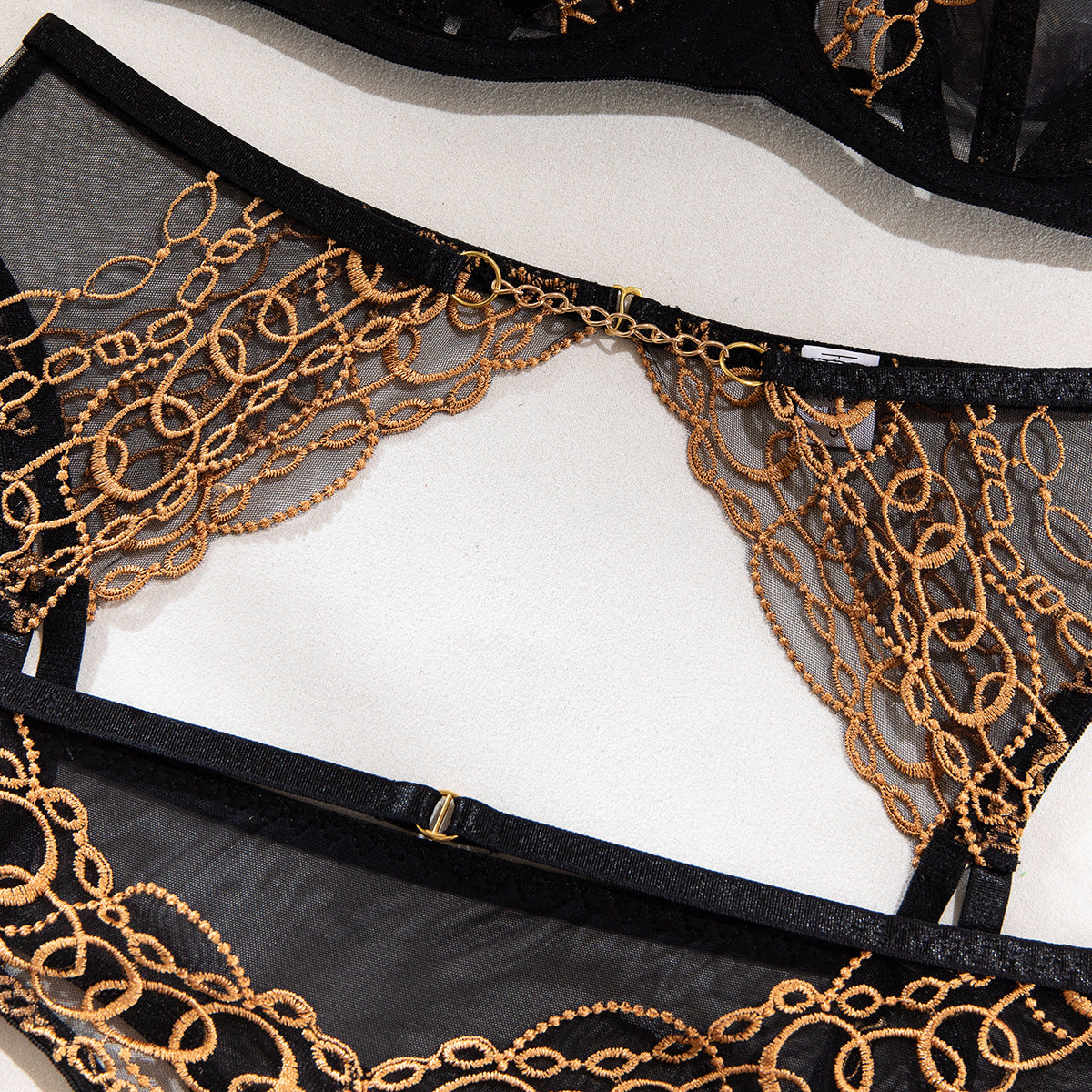 Gold Embroidery Garter Lingerie Set - Elegant Lace
