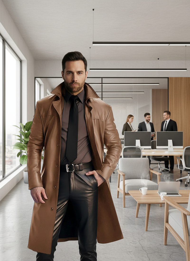 Man in button-up long sleeve jacket at business casual office meeting