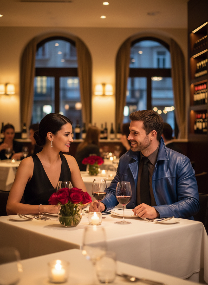Man in button-up long sleeve jacket at upscale restaurant date night