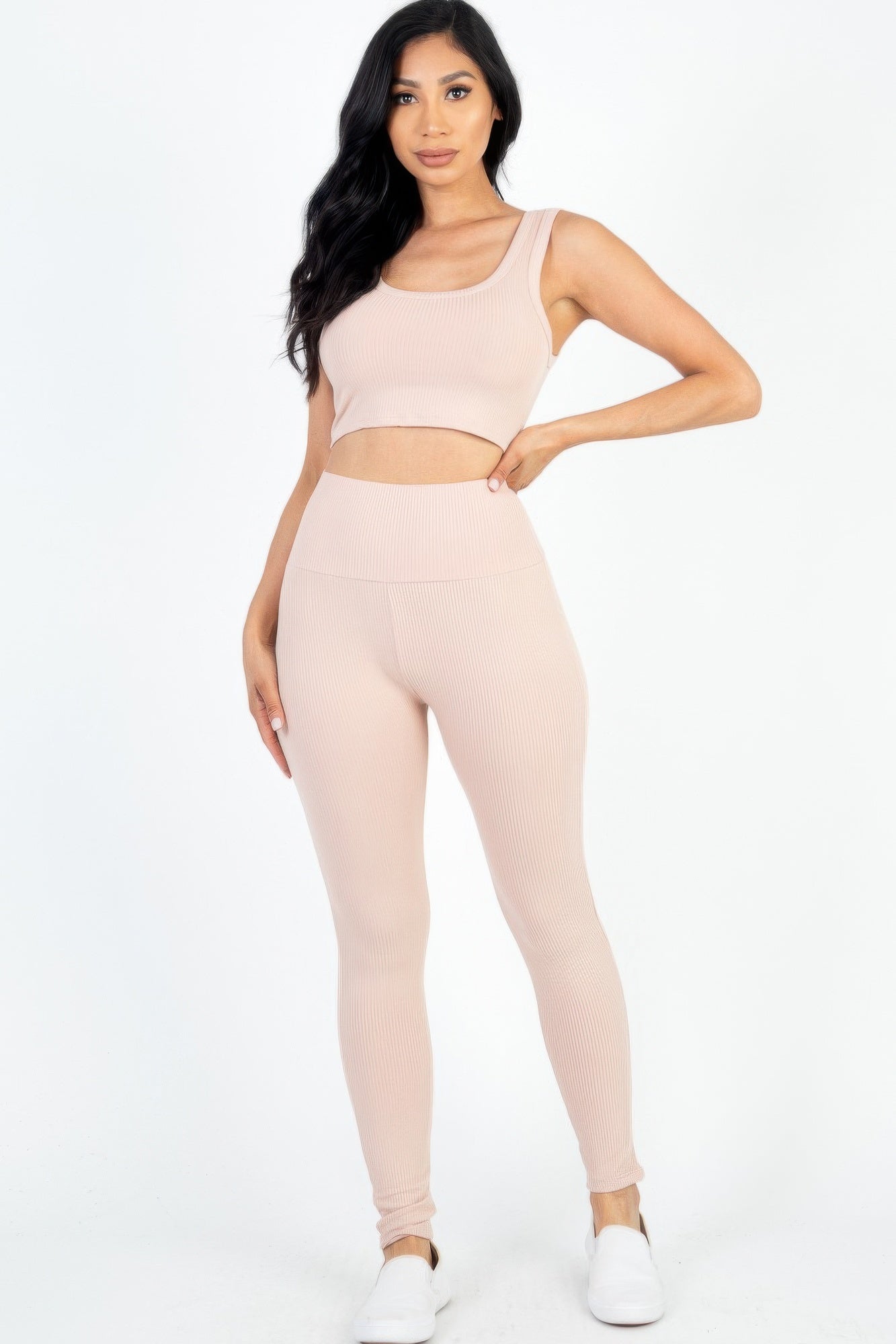 Casual Stretch Ribbed Crop Top & Leggings Set