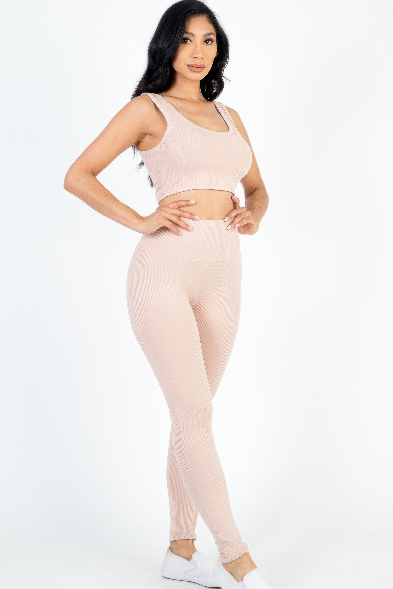Casual Stretch Ribbed Crop Top & Leggings Set