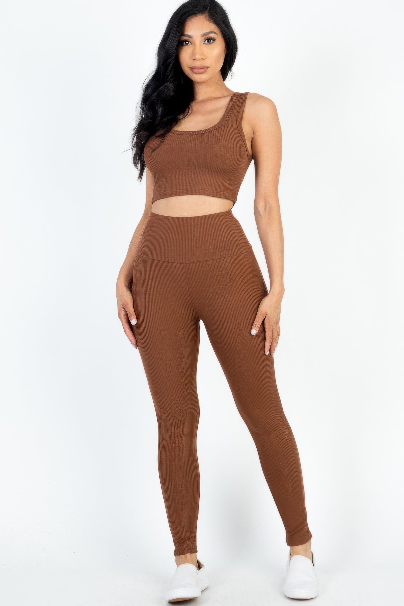 Casual Stretch Ribbed Crop Top & Leggings Set