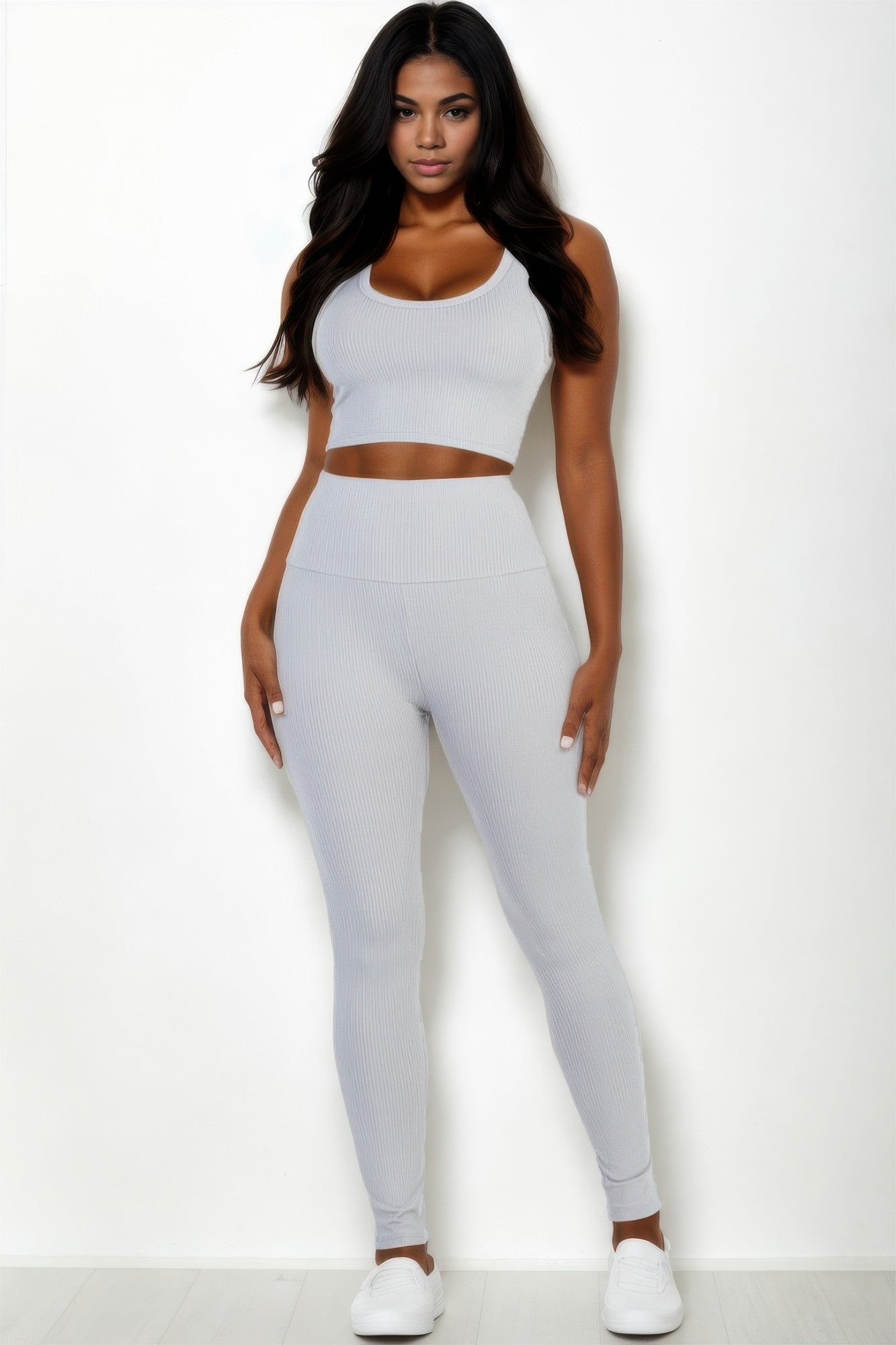 Casual Stretch Ribbed Crop Top & Leggings Set