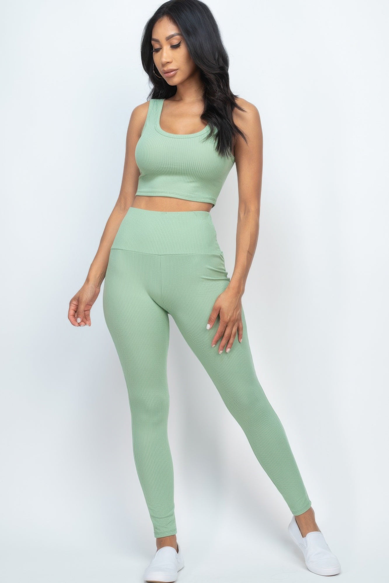 Casual Stretch Ribbed Crop Top & Leggings Set