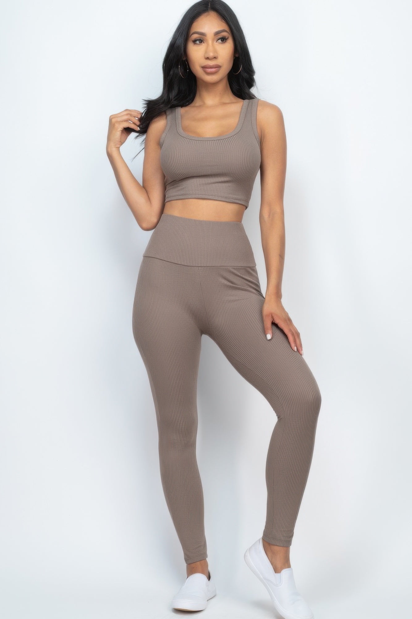 Casual Stretch Ribbed Crop Top & Leggings Set