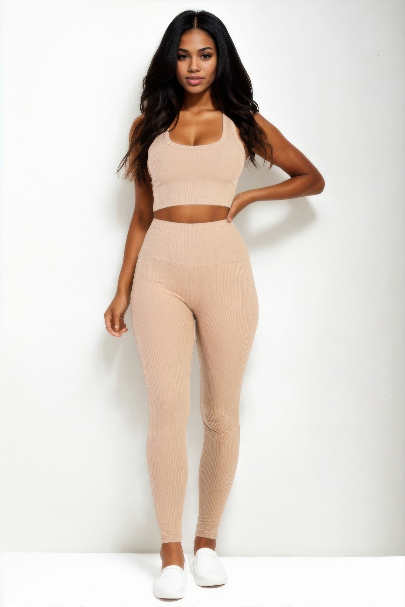 Casual Stretch Ribbed Crop Top & Leggings Set