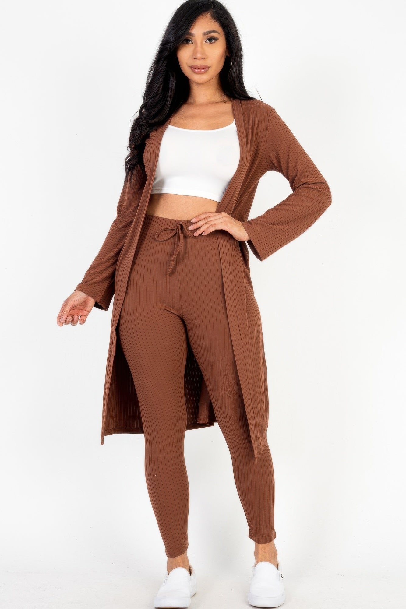 High-Stretch Ribbed Long Cardigan & Leggings Set