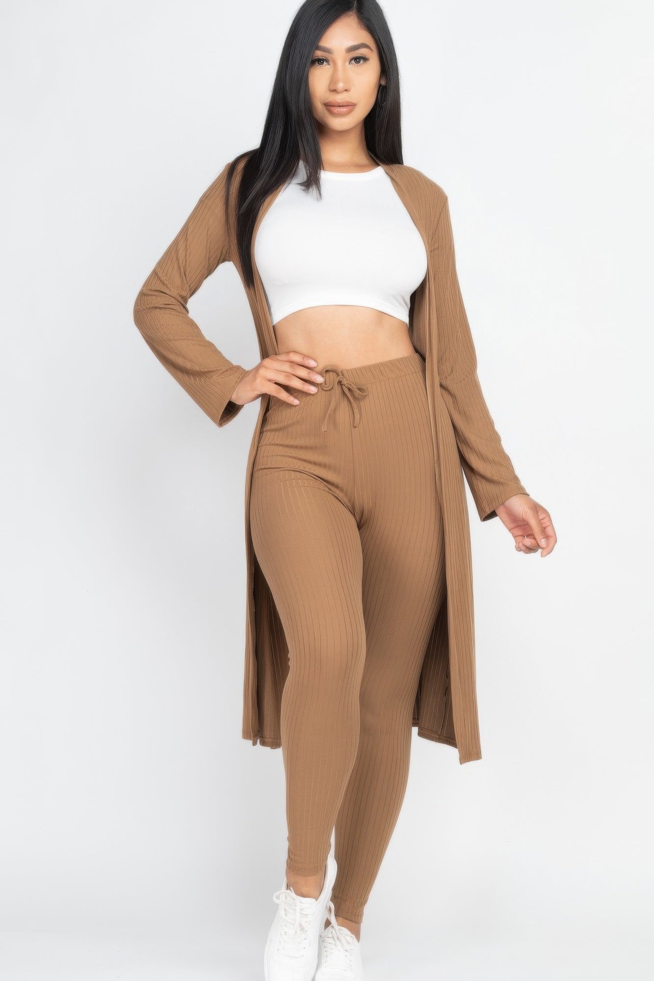 High-Stretch Ribbed Long Cardigan & Leggings Set