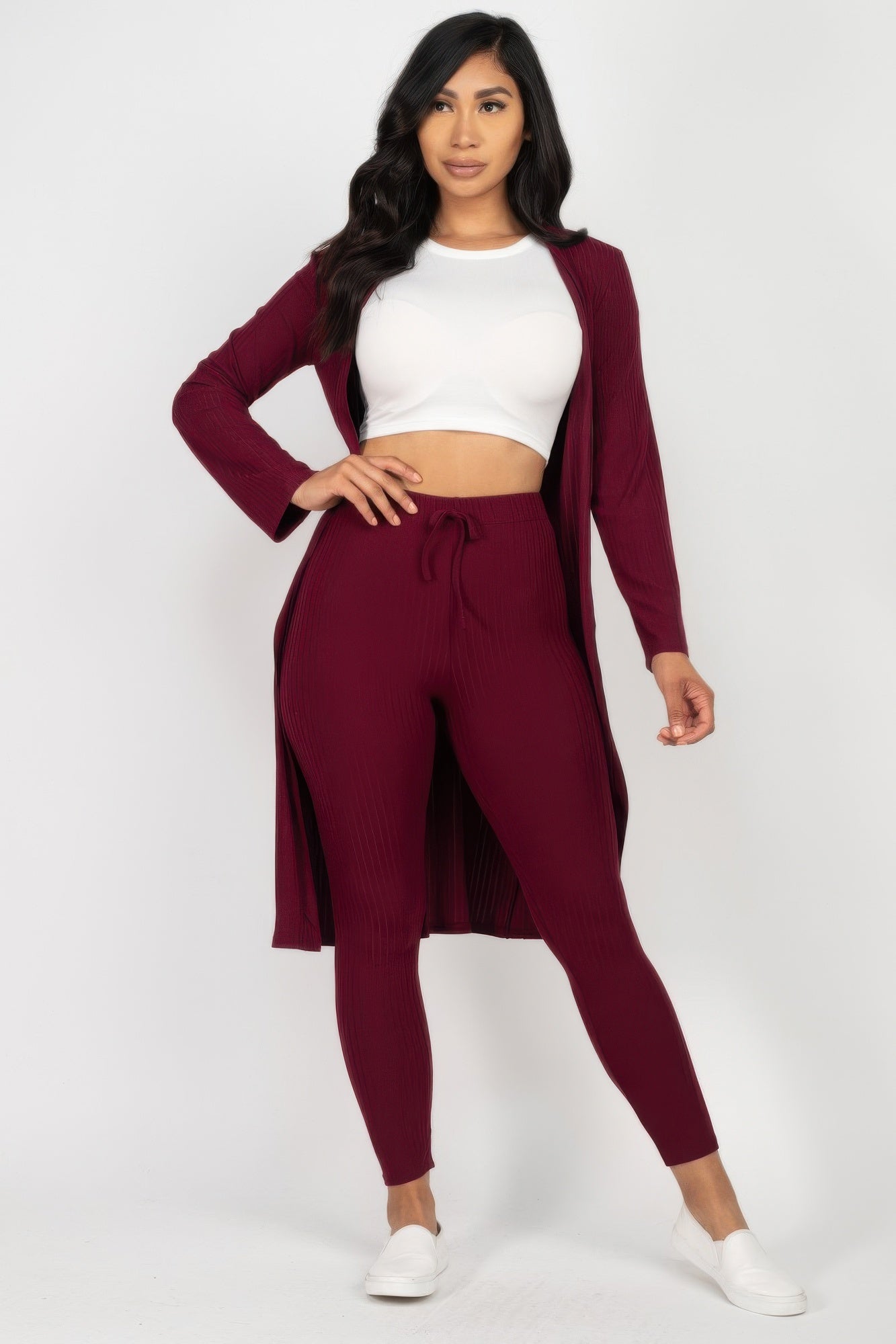 High-Stretch Ribbed Long Cardigan & Leggings Set