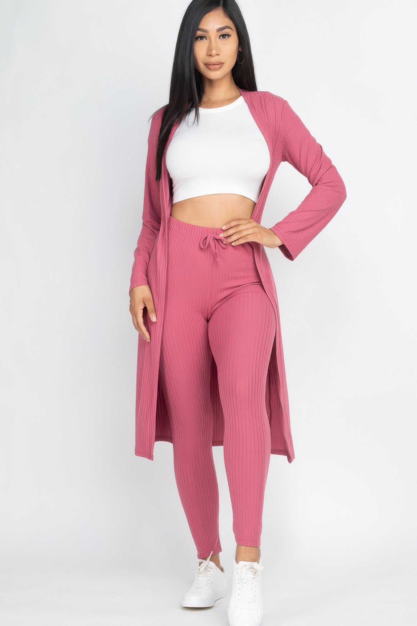 High-Stretch Ribbed Long Cardigan & Leggings Set