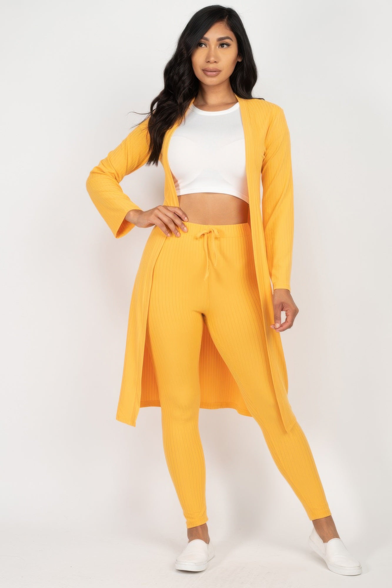 High-Stretch Ribbed Long Cardigan & Leggings Set