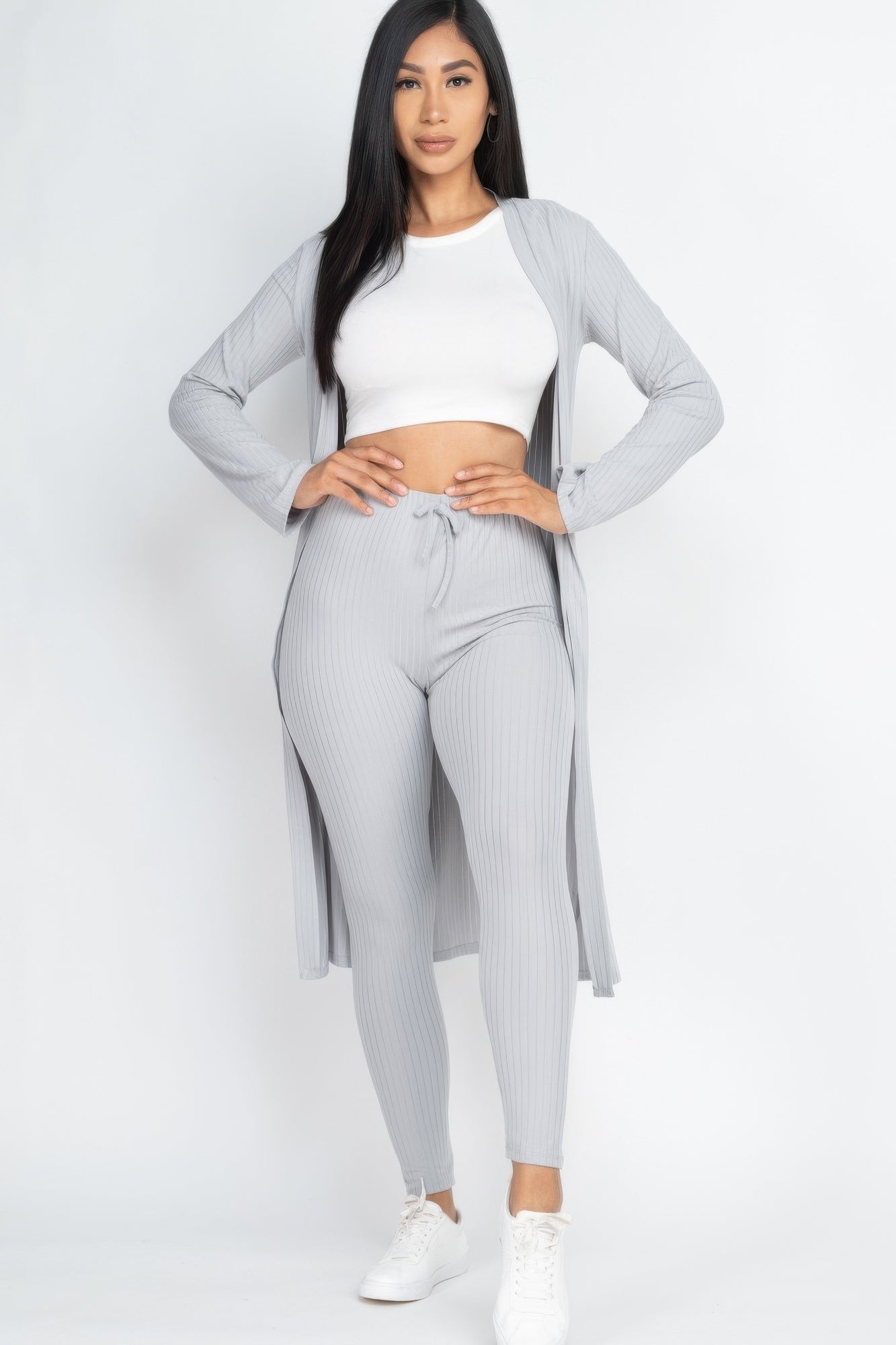 High-Stretch Ribbed Long Cardigan & Leggings Set