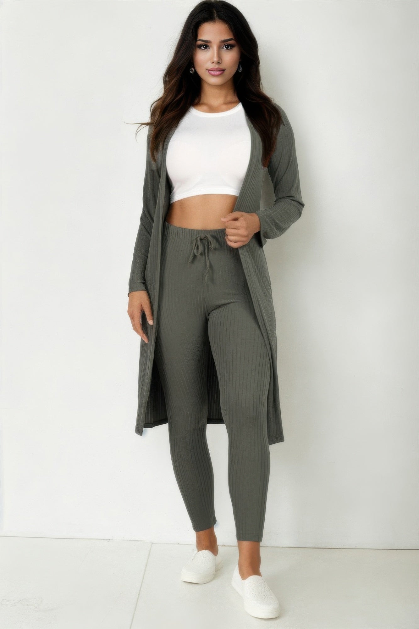 High-Stretch Ribbed Long Cardigan & Leggings Set
