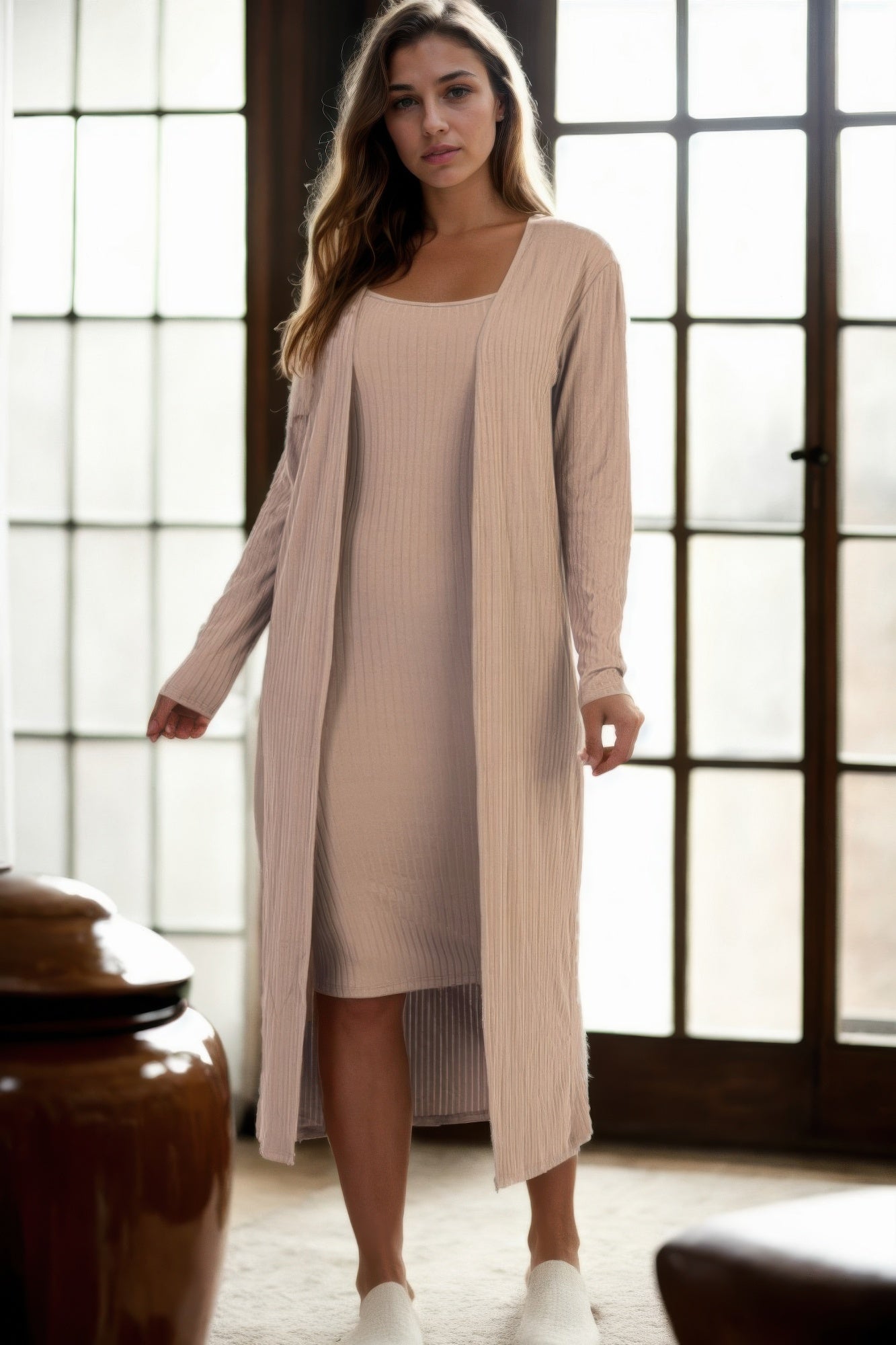 High-Stretch Ribbed Cardigan & Cami Midi Bodycon Dress