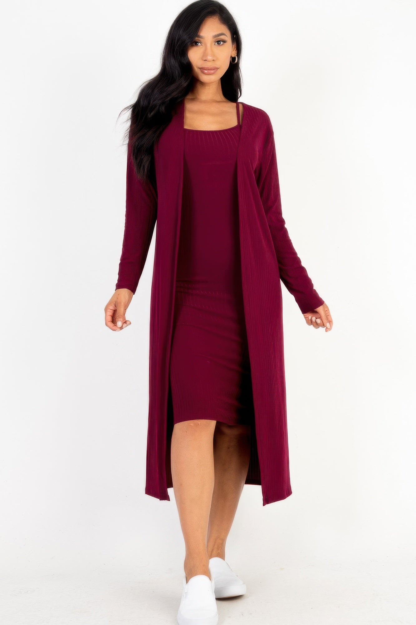 High-Stretch Ribbed Cardigan & Cami Midi Bodycon Dress