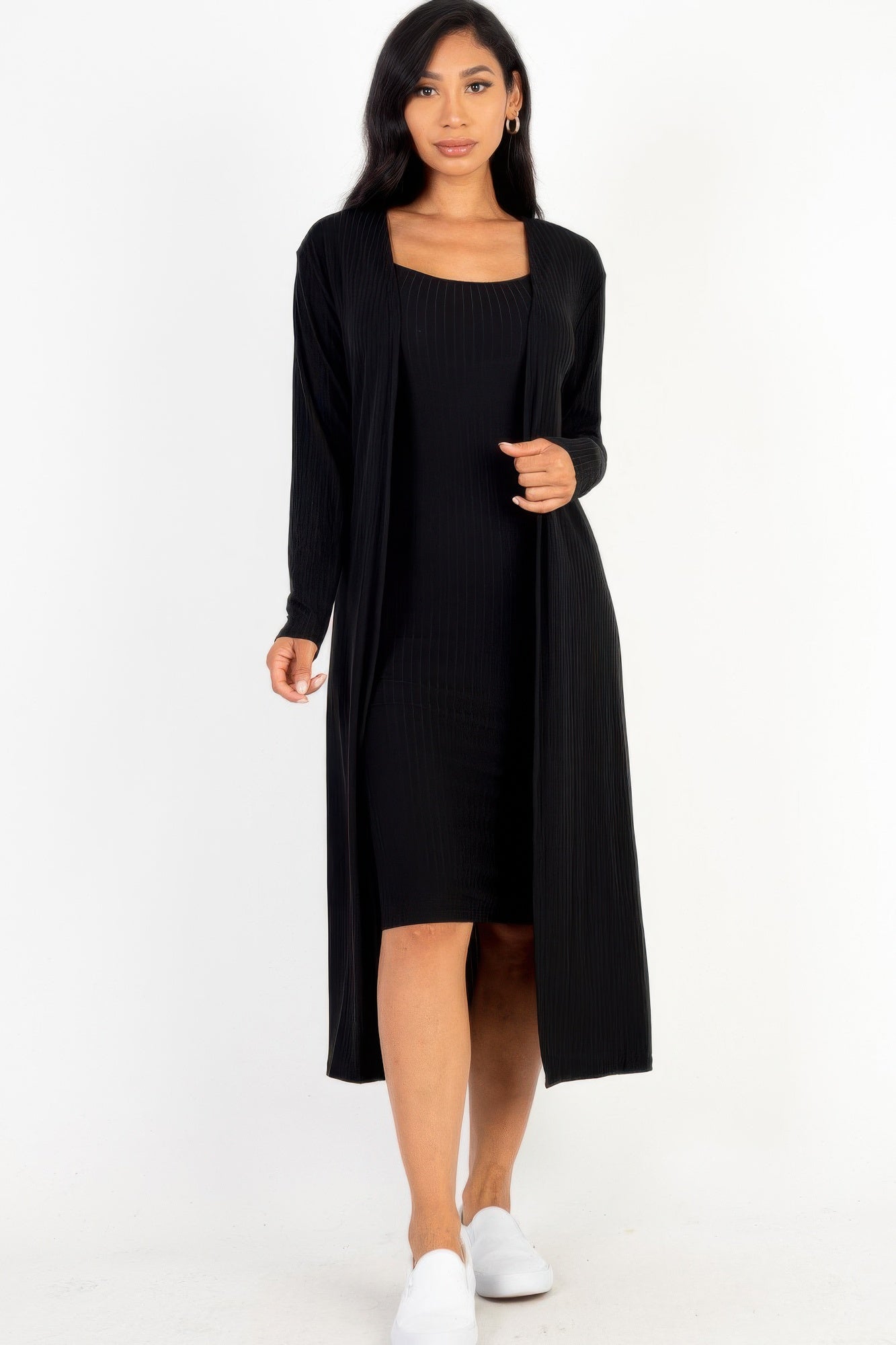 High-Stretch Ribbed Cardigan & Cami Midi Bodycon Dress