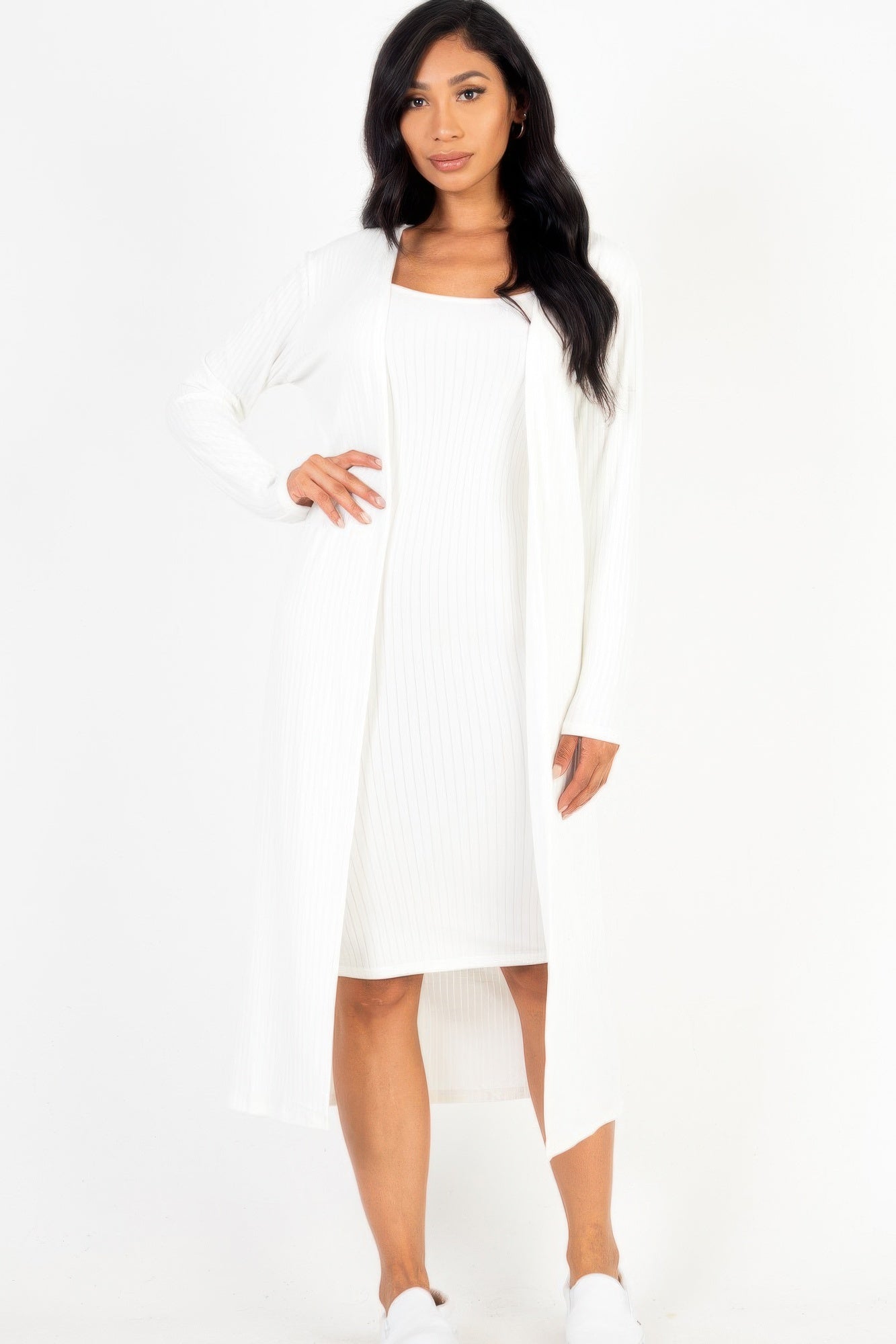 High-Stretch Ribbed Cardigan & Cami Midi Bodycon Dress