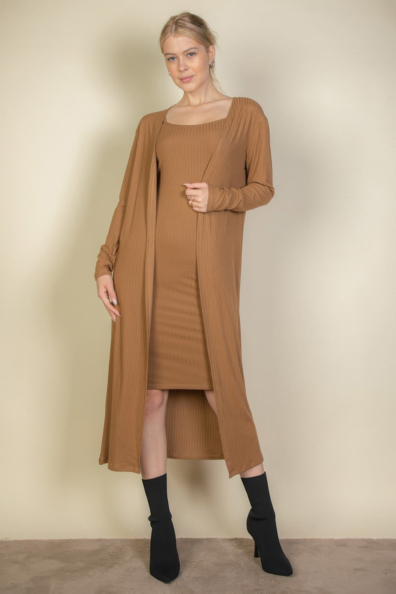 High-Stretch Ribbed Cardigan & Cami Midi Bodycon Dress