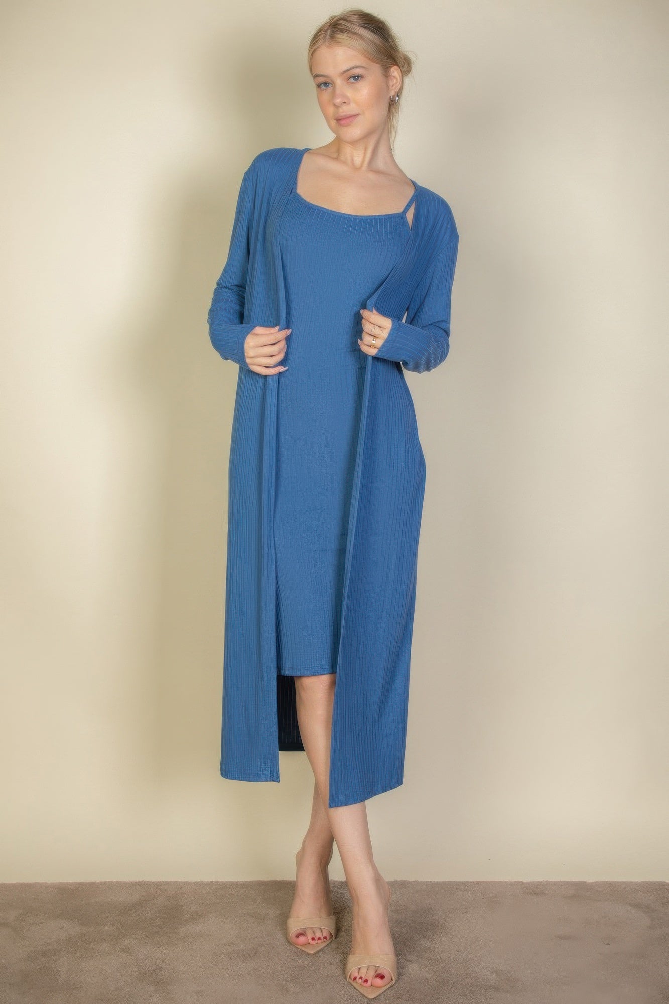High-Stretch Ribbed Cardigan & Cami Midi Bodycon Dress