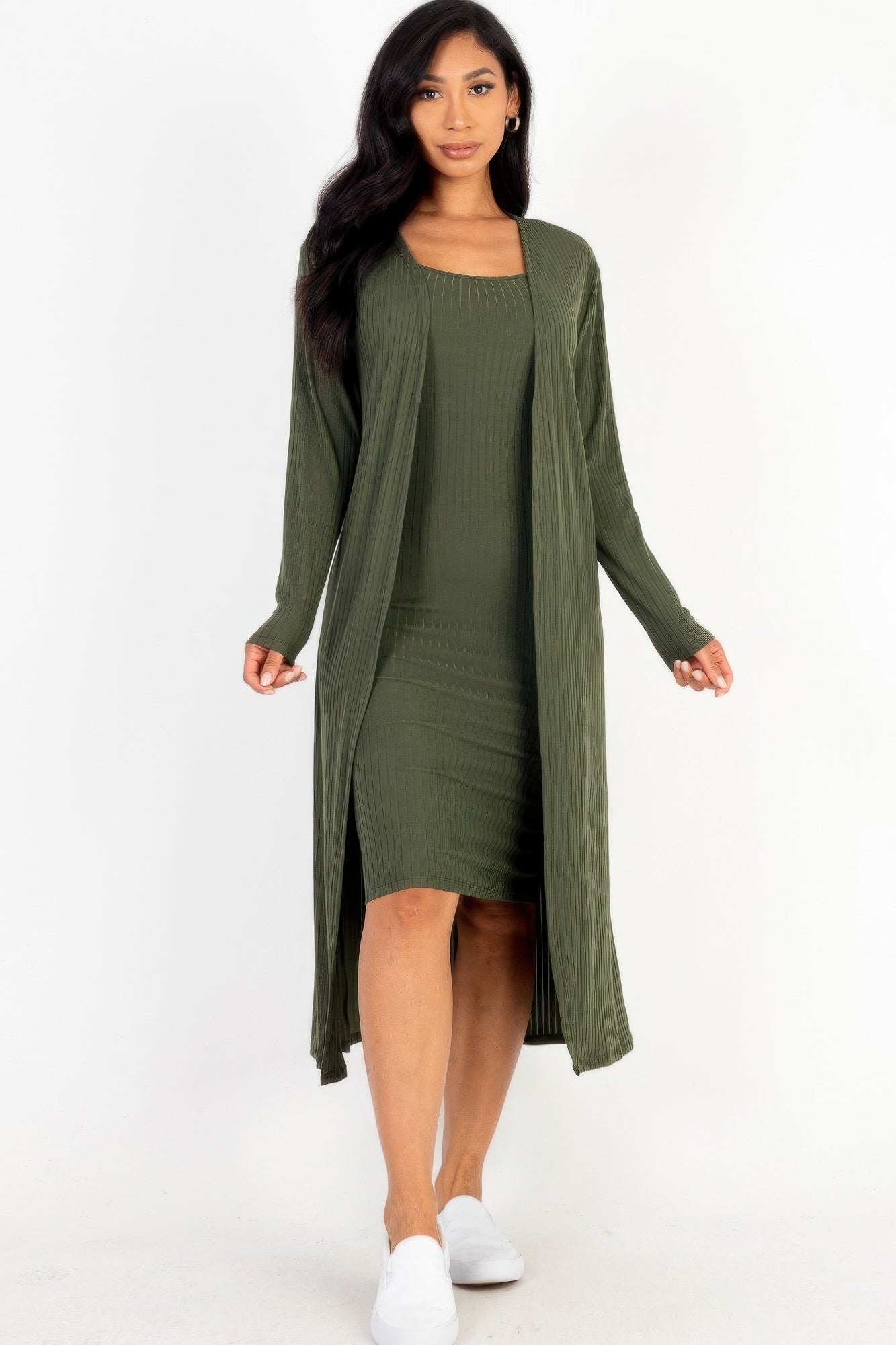 High-Stretch Ribbed Cardigan & Cami Midi Bodycon Dress