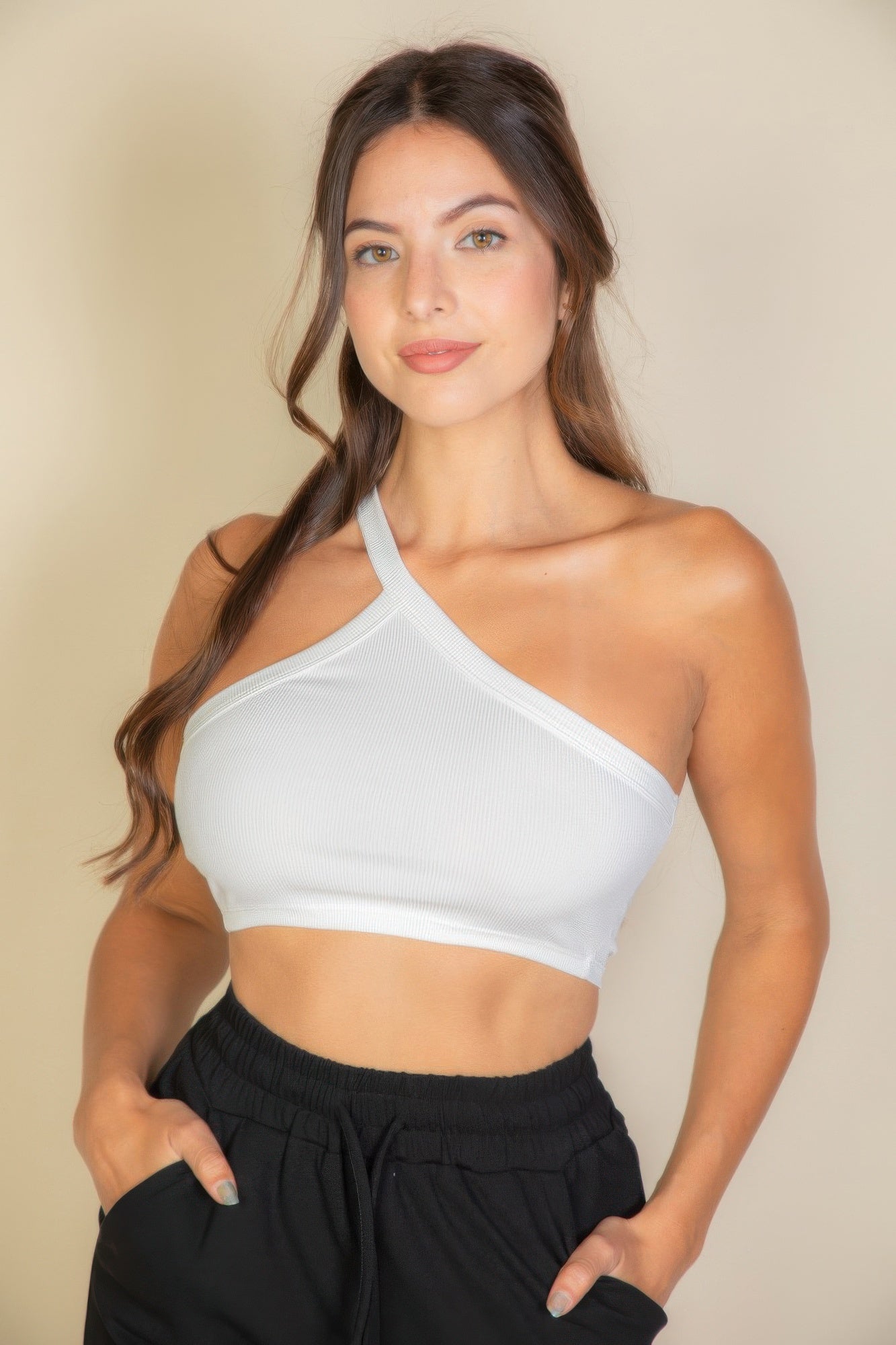One Shoulder Ribbed Cropped Cami Top