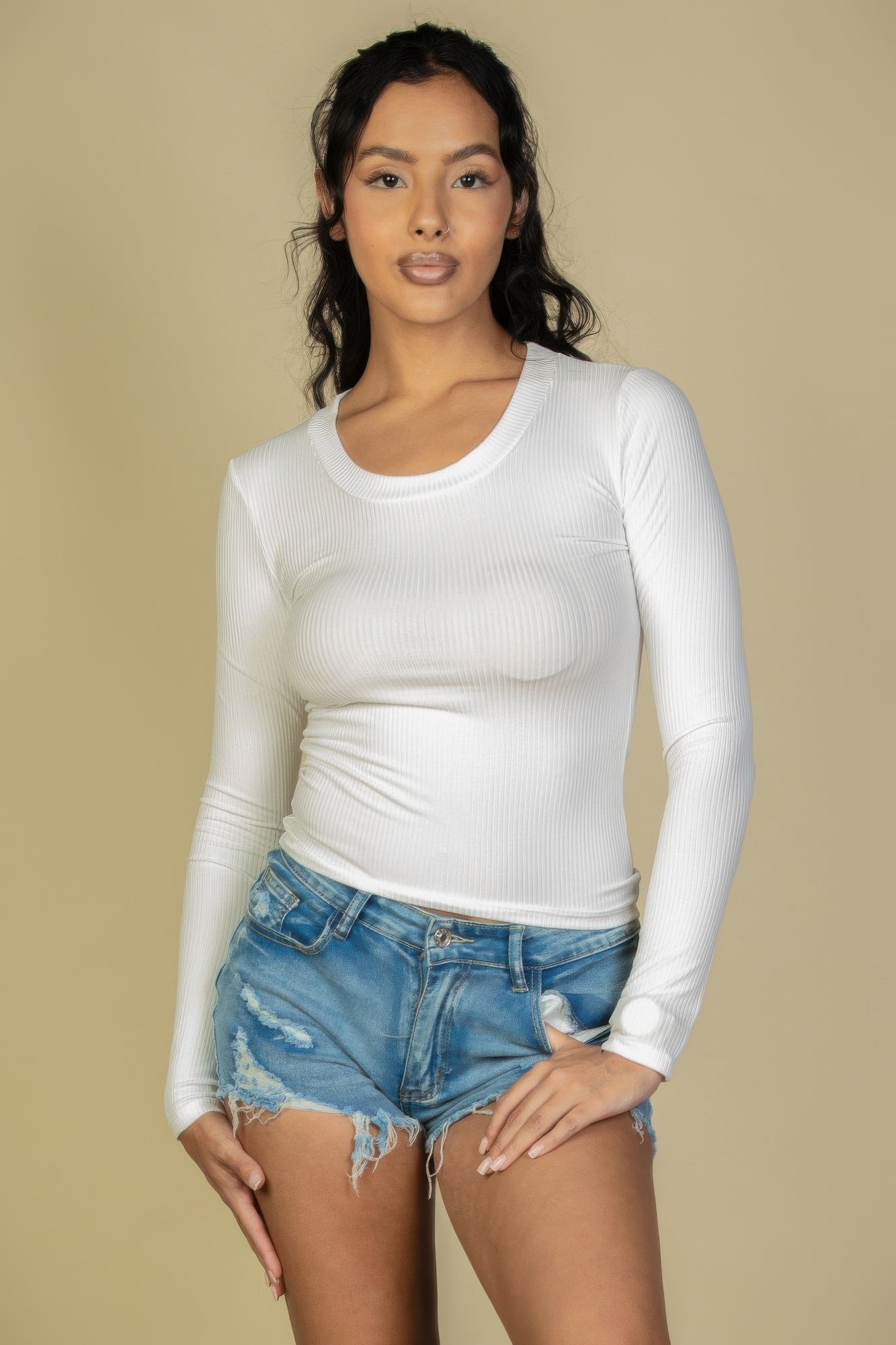 Ribbed Crew Neck Long Sleeve T-shirt