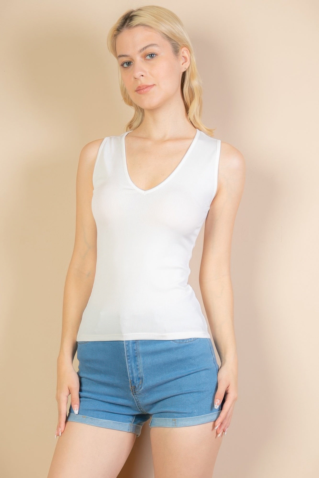 Ribbed V-neck Sleeveless Tank Top