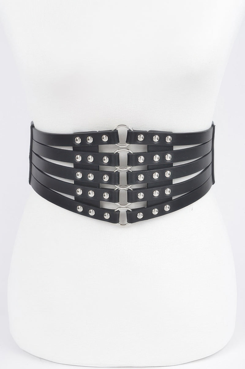 CCWHOLESALECLOTHING black multi strap stud waist elastic belt with silver studs and metal rings on mannequin