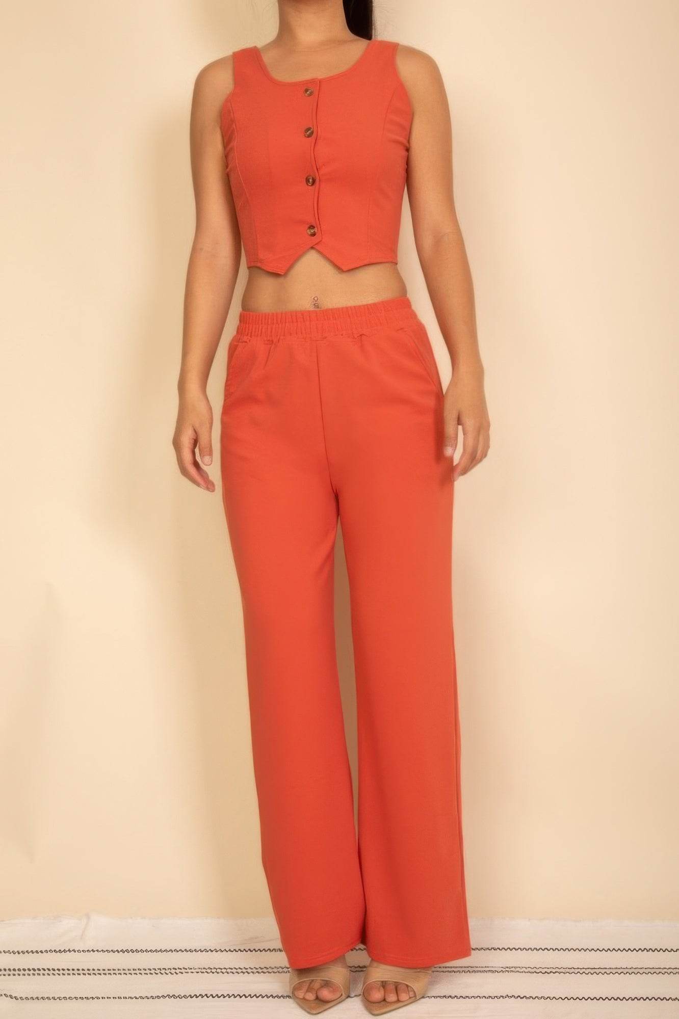 Scoop Neck Button Vest & Wide Leg Pants Set - Two Piece Coordinated Outfit - Fashions Envy