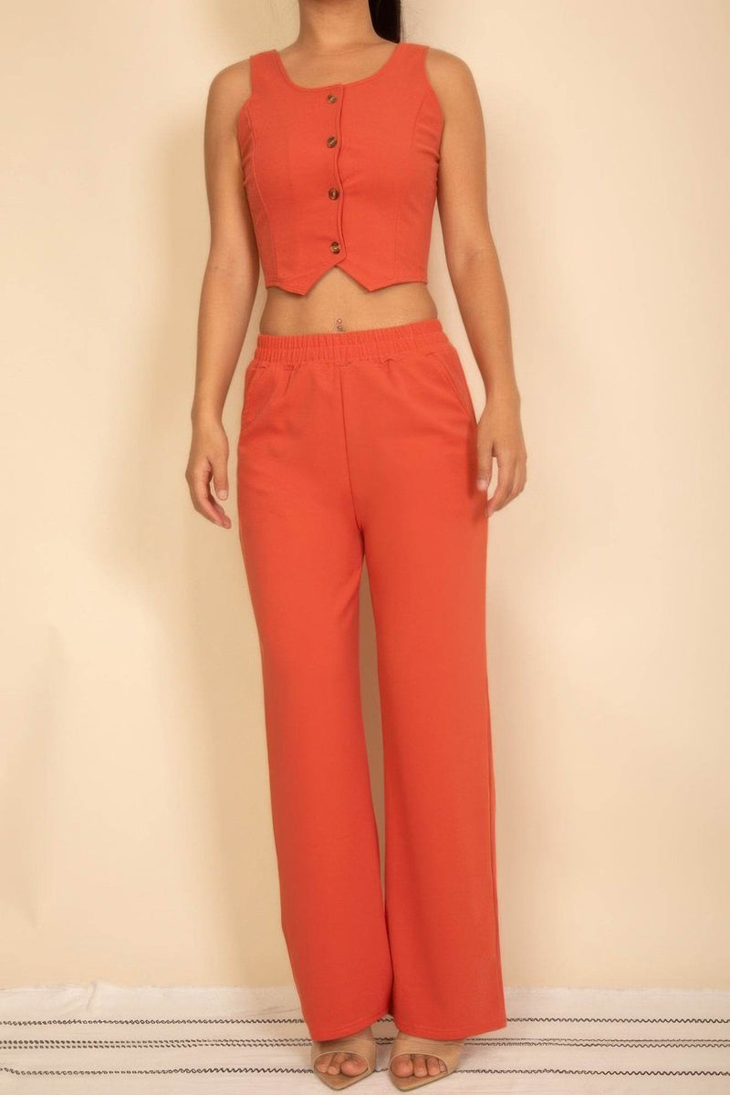 Scoop Neck Button Vest & Wide Leg Pants Set - Two Piece Coordinated Outfit - Fashions Envy