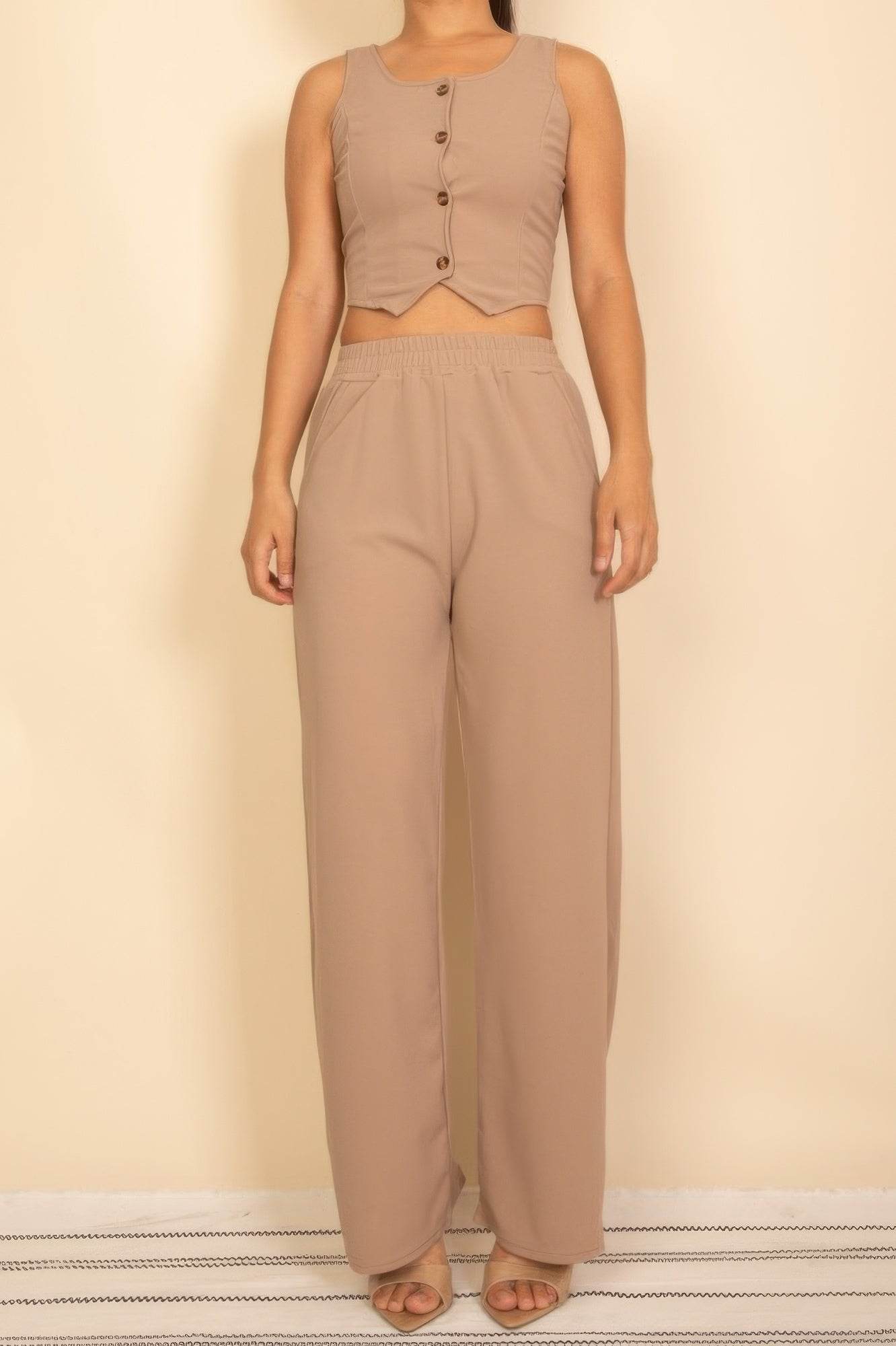 Scoop Neck Button Vest & Wide Leg Pants Set - Two Piece Coordinated Outfit - Fashions Envy