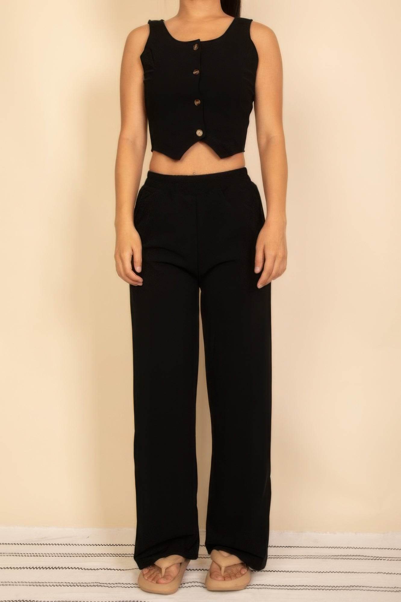 Scoop Neck Button Vest & Wide Leg Pants Set - Two Piece Coordinated Outfit - Fashions Envy