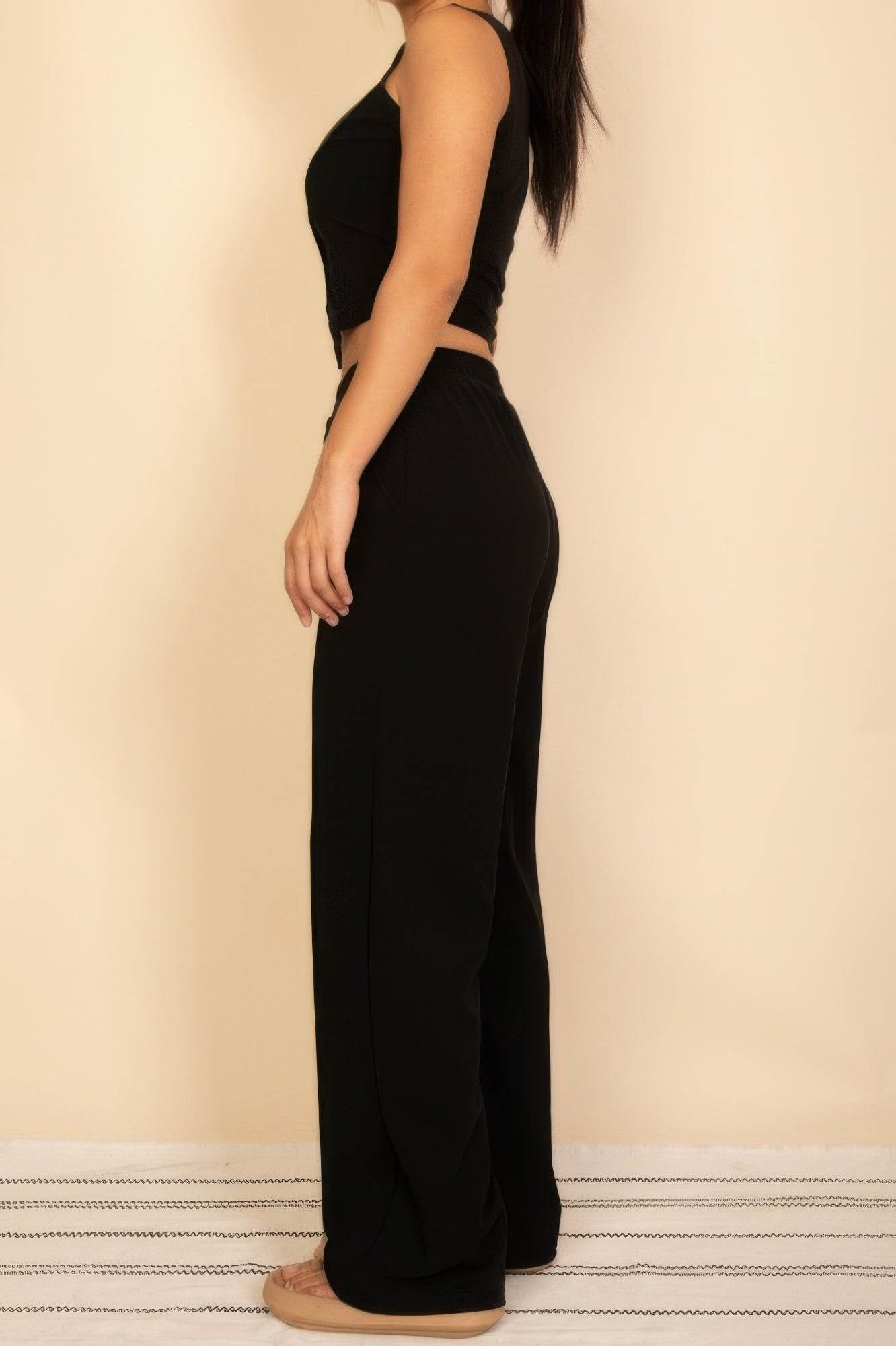Scoop Neck Button Vest & Wide Leg Pants Set - Two Piece Coordinated Outfit - Fashions Envy