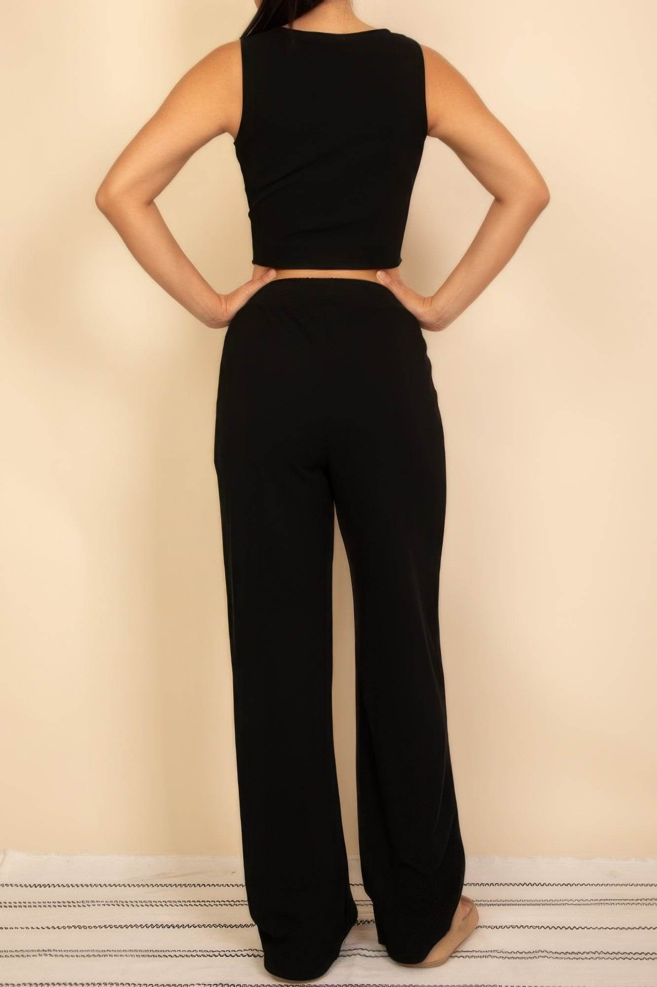 Scoop Neck Button Vest & Wide Leg Pants Set - Two Piece Coordinated Outfit - Fashions Envy