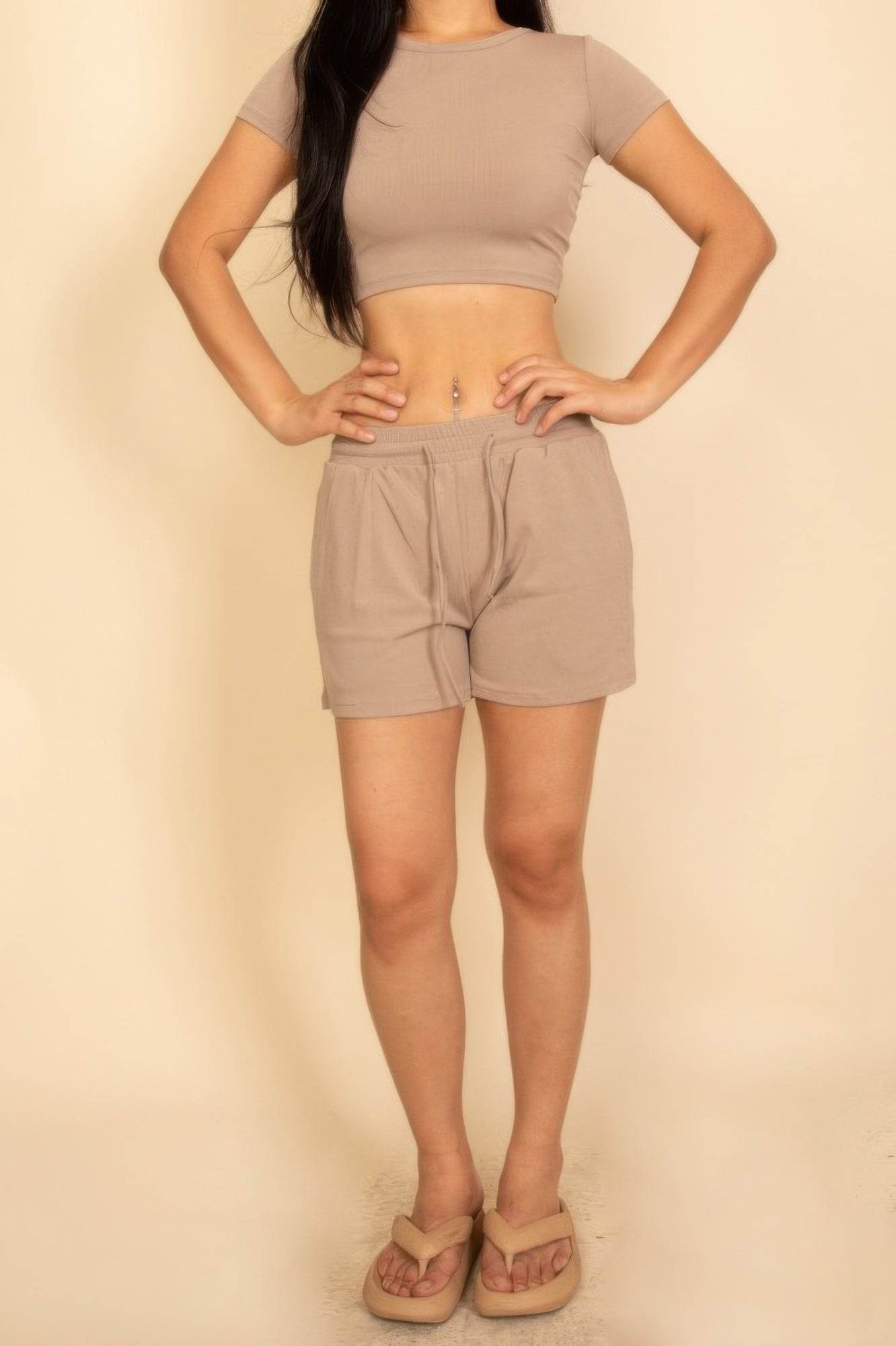 Ribbed Knit Drawstring Lounge Shorts Set - Cozy Two Piece Set - Fashions Envy