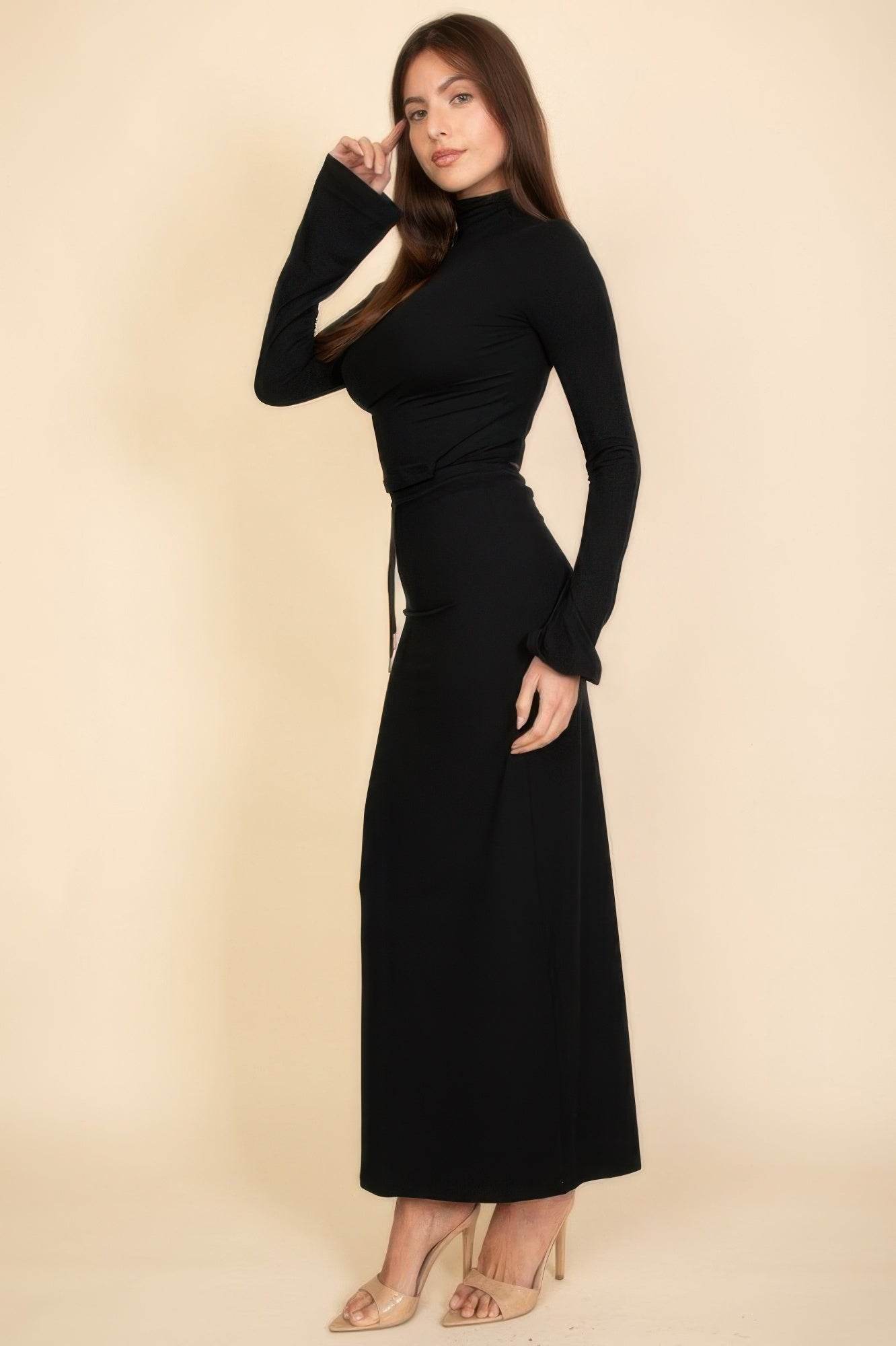 Mock Neck Bell Sleeve Crop Top & Maxi Skirt Set - Elegant Two Piece Set - Fashions Envy